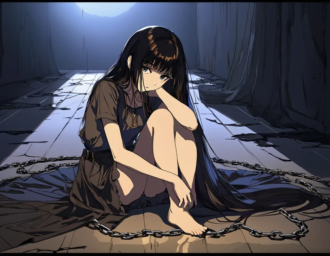 masterpiece, best quality, absurd res, Woman sitting on the floor, kneeling, with long dark hair, bangs, beautiful, depressed, sad facial expression, has torn clothes on, Rags, surrounded by darkness, light from behind, she is chained, two-tone lighting,