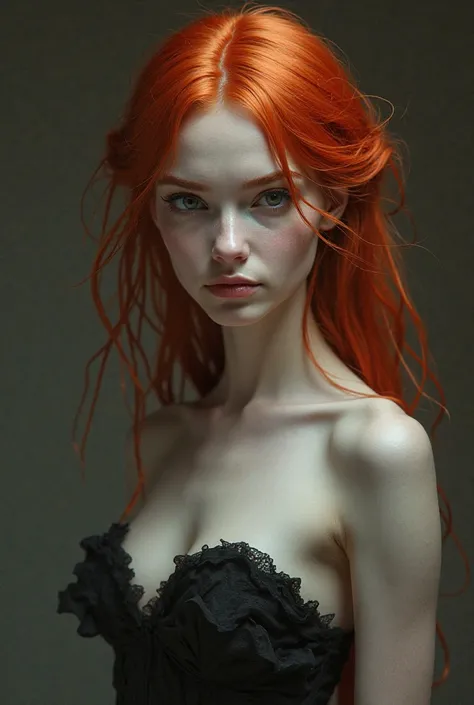 A thin woman fair skin painted red hair ,  height 1,58 