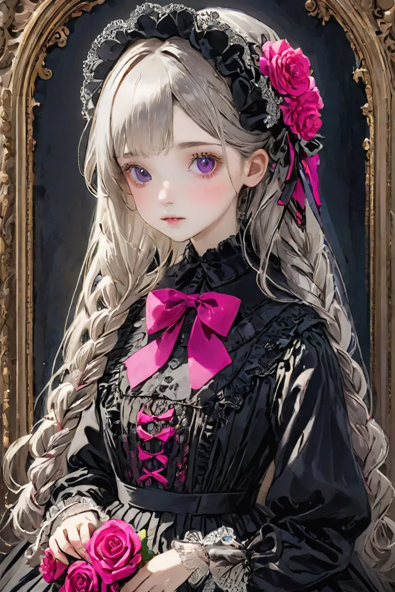 RAW photo、realistic、Highest quality、masterpiece、beautiful gothic lolita victorian girl, cute cute face , floral motifs , complicated details,  braided hair, Black lace,  big doll-like eyes , Dark Fantasy,   BLACK COLOR , Neon pink color, silver, Rose Ribbo...