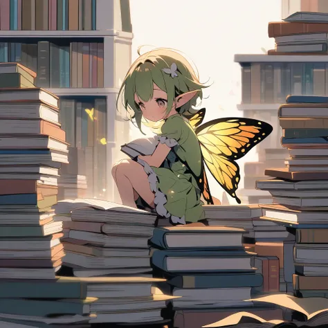 A little fairy with butterfly wings in front of a stack of five books.