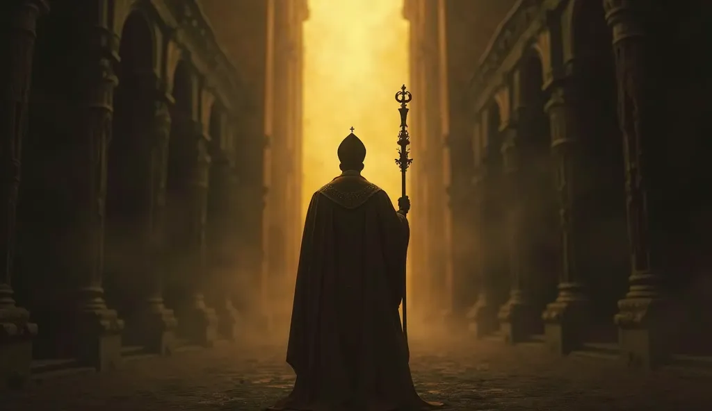 A dark silhouette of a pope with his back, using the mitre,  with a staff in hand . The figure is surrounded by a golden light that contrasts with the surrounding darkness, giving the feeling of power and mystery.