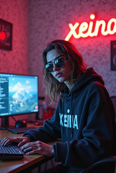 Cool guy 20 years old ,in the pc room  , wears sunglasses  ,wearing a hodie with the inscription XEINA  ,long hair ,XEINA writing wall ,Like in the studio 