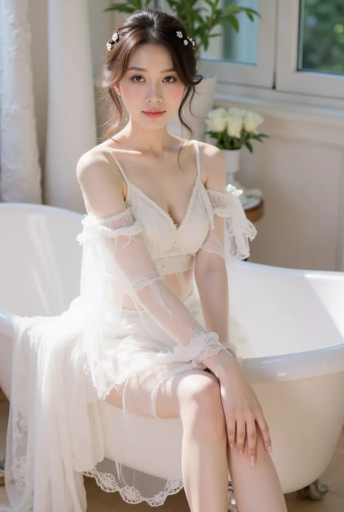 a young woman sitting elegantly on the edge of a white vintage bathtub. She is wearing a delicate white lace outfit with sheer, flowing sleeves, and the fabric drapes gracefully onto the floor. Her hair is styled in a loose, elegant updo adorned with small...