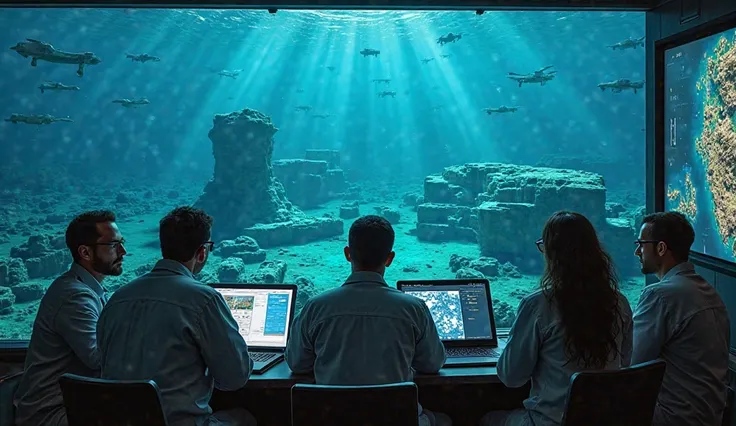  "Depict a dramatic scene of a heated debate between science and myth, with a focus on the question: 'Could one of these submerged ruins be Atlantis?' In the foreground, a group of scientists aboard a cutting-edge research vessel is intensely studying sona...