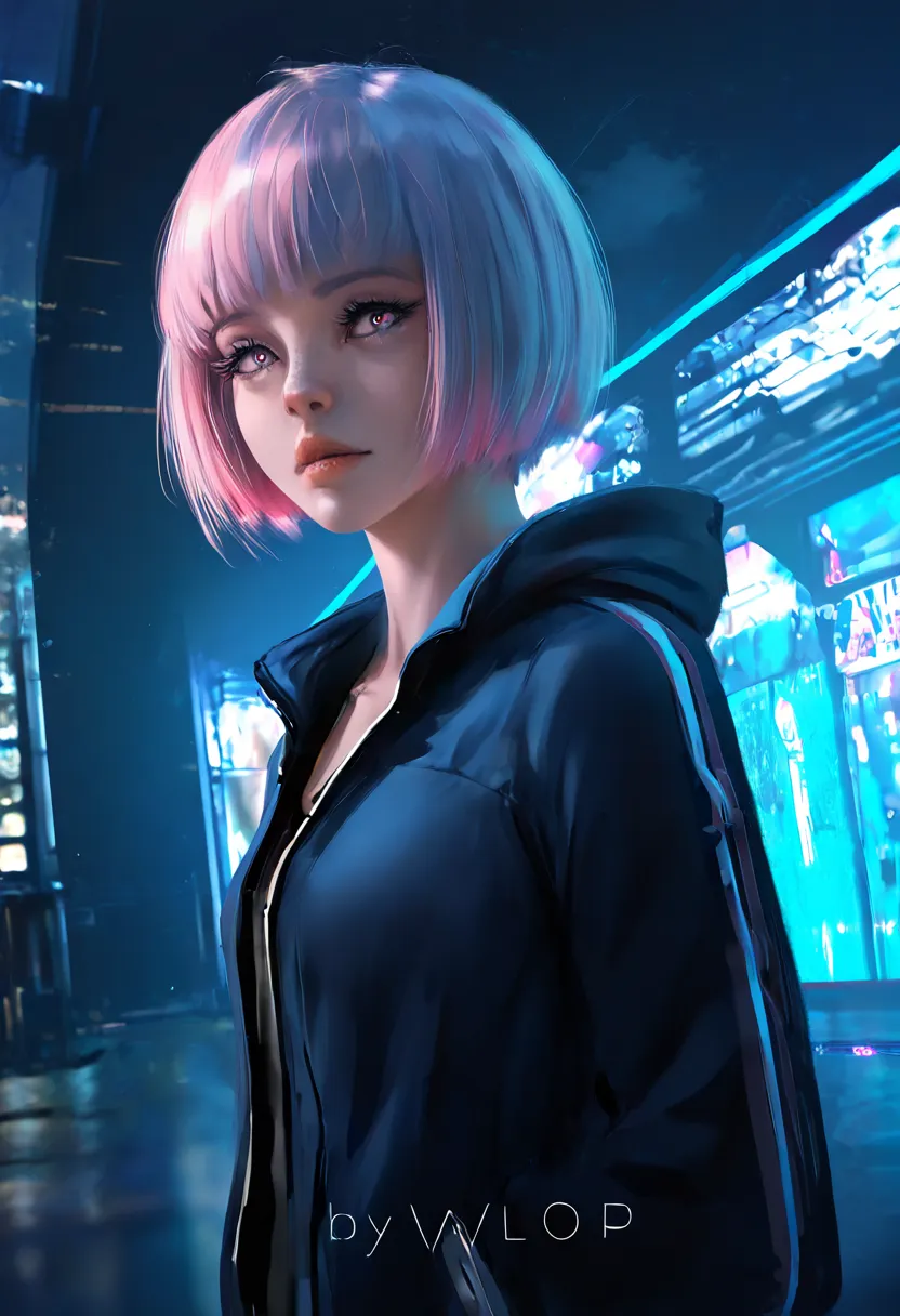 Anime cyberpunk woman with Pastel Rainbow white blue short hair,Light Pink eyes, 20 years old, by makoto shinkai, stanley artgerm lau, wlop, rossdraws, (best quality and masterpiece and absolutely resolution and 8k UHD and ultra highres and incredibly absu...