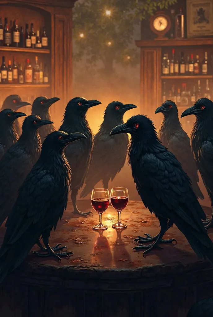 Ten crow in a bar & drinking wine,