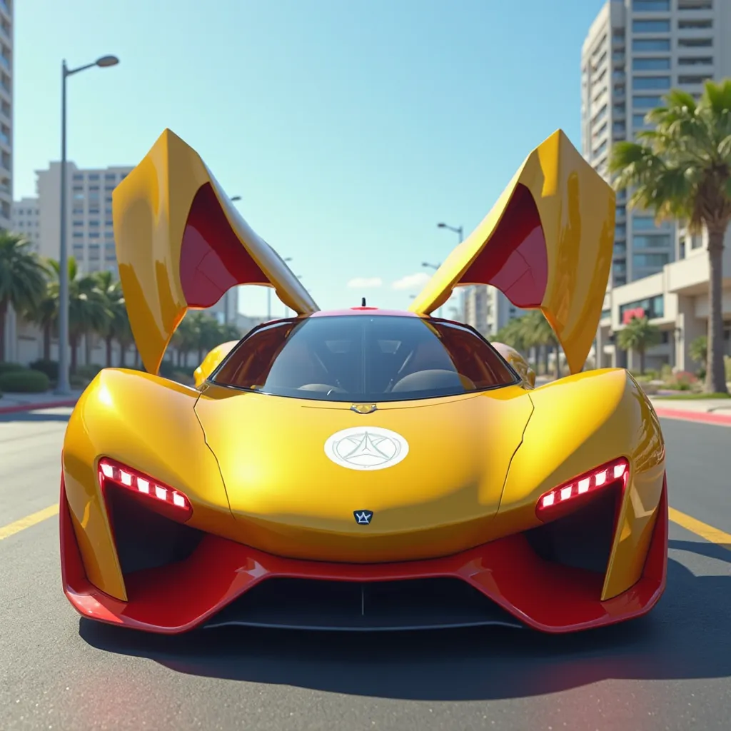 A futuristic sports car with a minimalist yet powerful design inspired by Saitama, glossy yellow body with bold red accents on the side skirts and rear wing, smooth aerodynamic shape reflecting Saitama’s simple yet unbeatable style, butterfly doors opening...