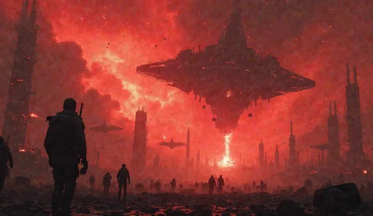 The dark red sky is filled with alien ships hovering low. Light from lasers and explosions illuminate the ruins of the city,  creating a gripping atmosphere of war . Realistic cinematic 