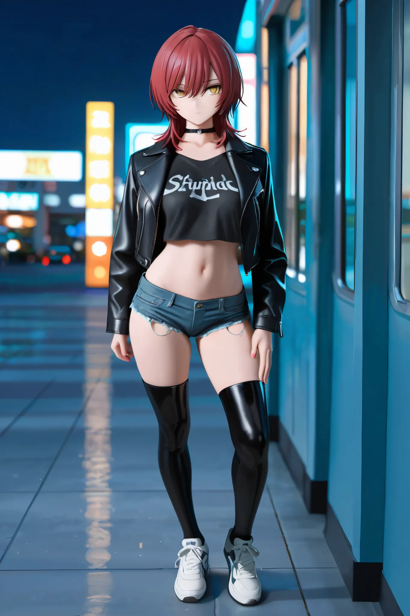 NSFW,masterpiece,Highest quality,High Resolution,very detailed, boyish girl,high school girl, red hair ,medium hair,wolf cut,stupid hair,with golden eyes,choker,leather jacket, crop top shirt ,denim shorts,knee-high socks,Sneakers, night entertainment dist...