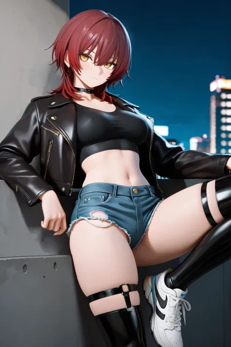 NSFW,masterpiece,Highest quality,High Resolution,very detailed, boyish girl,high school girl, red hair ,medium hair,wolf cut,stupid hair,with golden eyes,choker,leather jacket, crop top shirt ,denim shorts,knee-high socks,Sneakers, night entertainment dist...