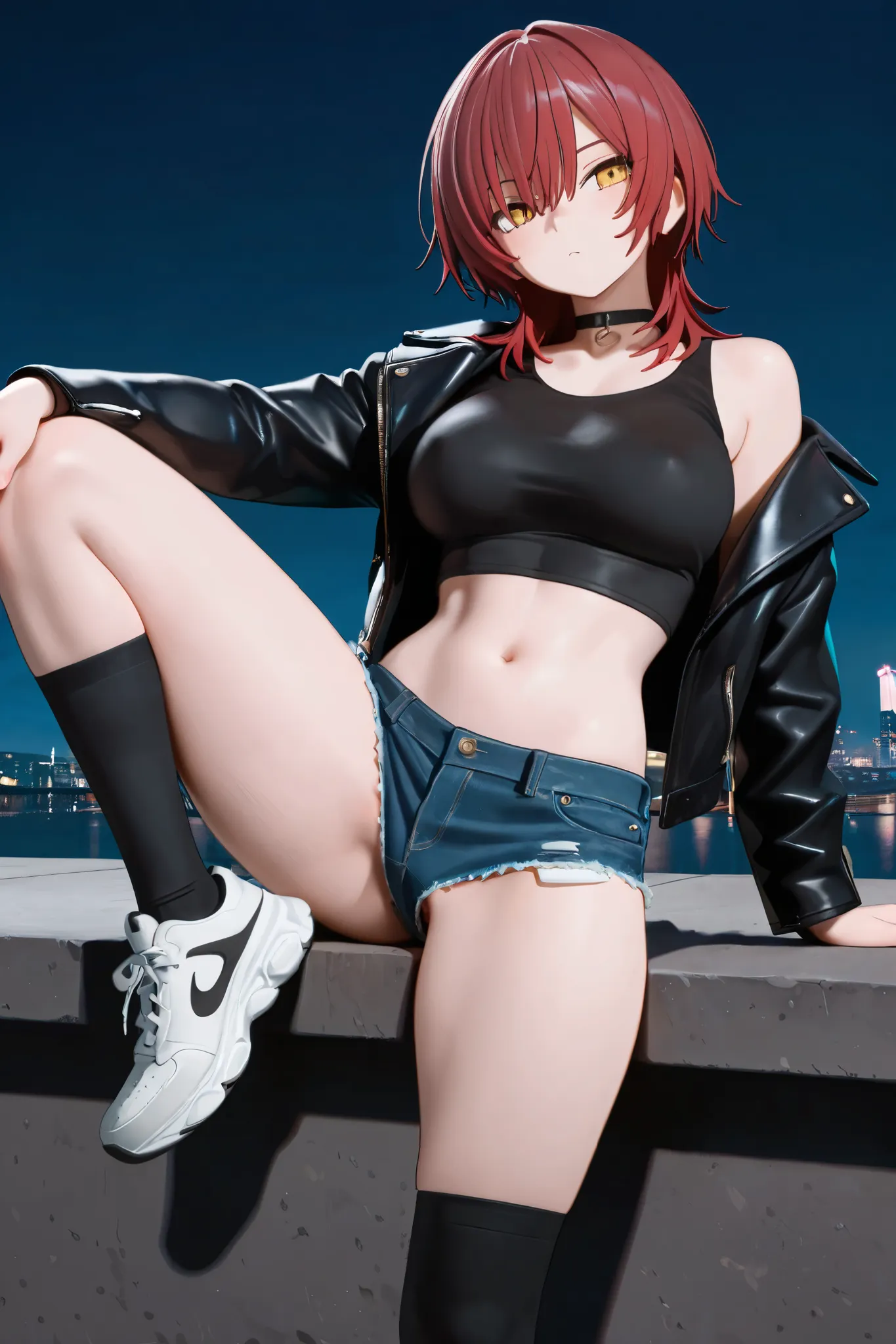 NSFW,masterpiece,Highest quality,High Resolution,very detailed, boyish girl,high school girl, red hair ,medium hair,wolf cut,stupid hair,with golden eyes,choker,leather jacket, crop top shirt ,DENIM SHORTS,knee-high socks,Sneakers, night entertainment dist...