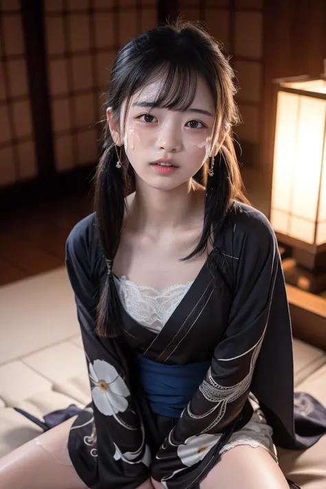 Height 1３5ｃｍ、twin tails、Age 15, middle school student、 Lori 、8K image、On a futon in a Japanese-style room at a ryokan、（(Spray a large amount of realistic semen on your face:1.3))、、(Open your chest with a kimono:1.3)、 emphasizes cleavage、（((spread legs:1.9)...