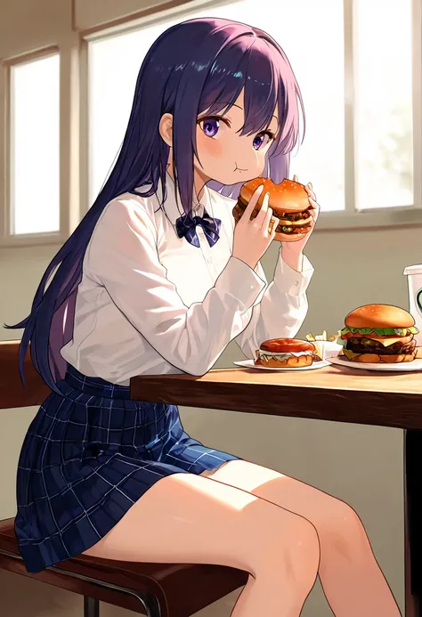 a girl sitting next to a table and eating hamburger , (best quality and masterpiece and absolutely resolution and 8k UHD and ultra highres and incredibly absurdres and very aesthetic and ultra detailed and absolutely detailed artwork and incredible artwork...