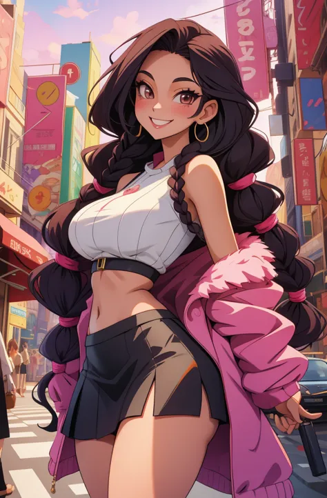 anime, 28 year old woman, taking a selfie, mischievous smile, long hair, dark hair color, stylish hairstyle, side hair long lush hair, long curls of hair pulled to the sides, Braids within the hair, curvy body, proportional body, sexy girl, beautiful matur...