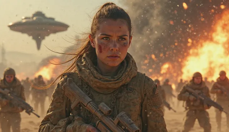 The human army fought with everything they had. A female warrior with a face full of dust and small wounds fired her weapon at the aliens descending from their ship. Realistic cinematic 