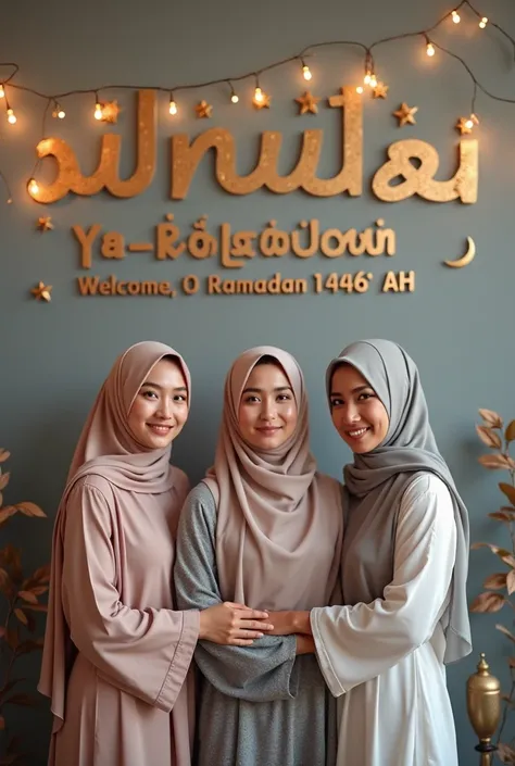 two photogenic Muslim women and 1 Muslim man standing facing the camera. The phrase “MARHABAN YA RAMADHAN 1446H” is featured in large embossed text, festive string lights, and gold moons and stars, all set against a beautiful gray background.