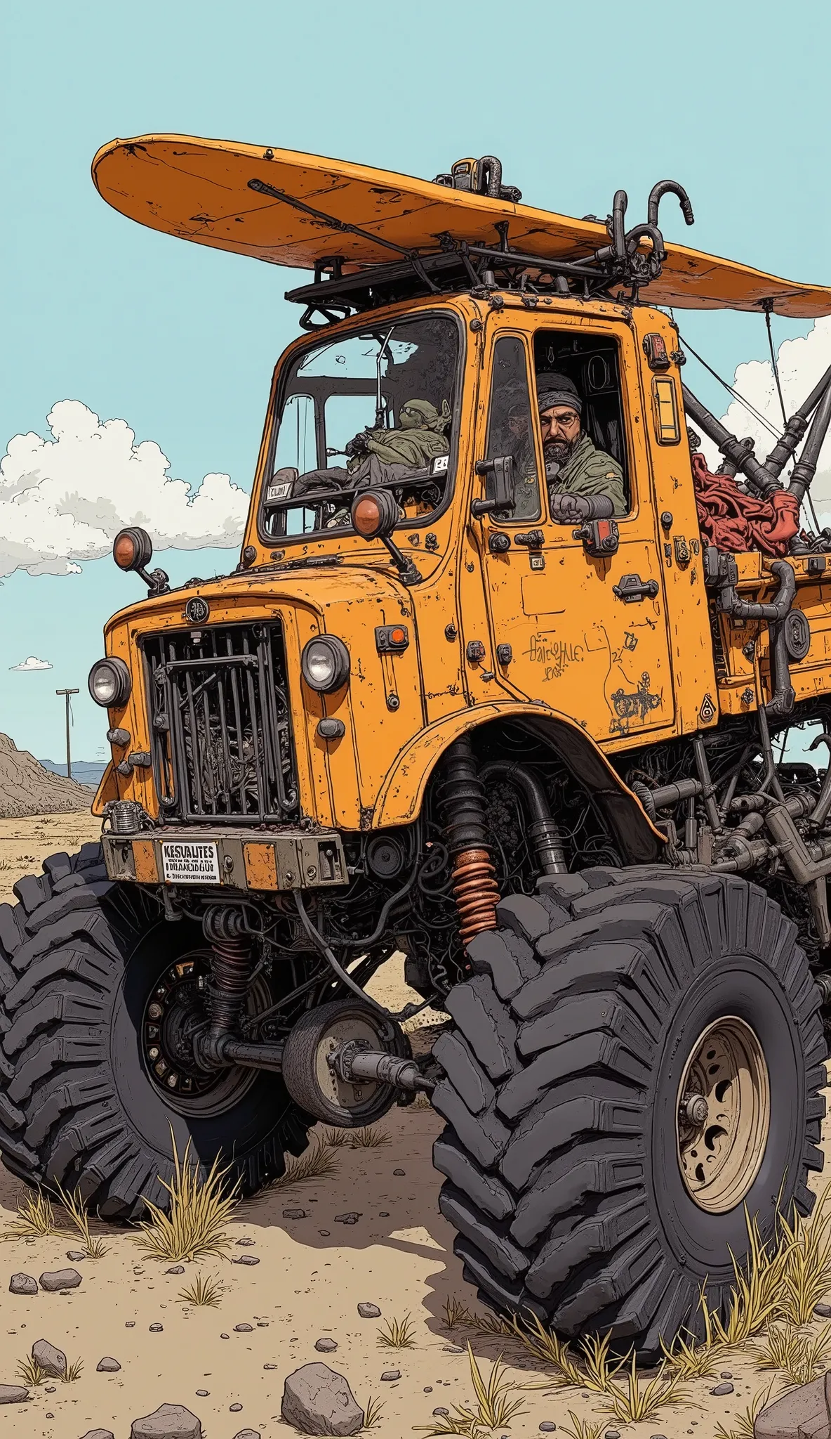 cartoon of a man driving a  monster truck with a helmet on, Harry Volk clip-art style, Inspired by Ed Ross, Digital coloring,  monster truck,  1,960 anime style ,  Official Illustration , . Concept Art, buggy, full color illustration,  highly detailed char...