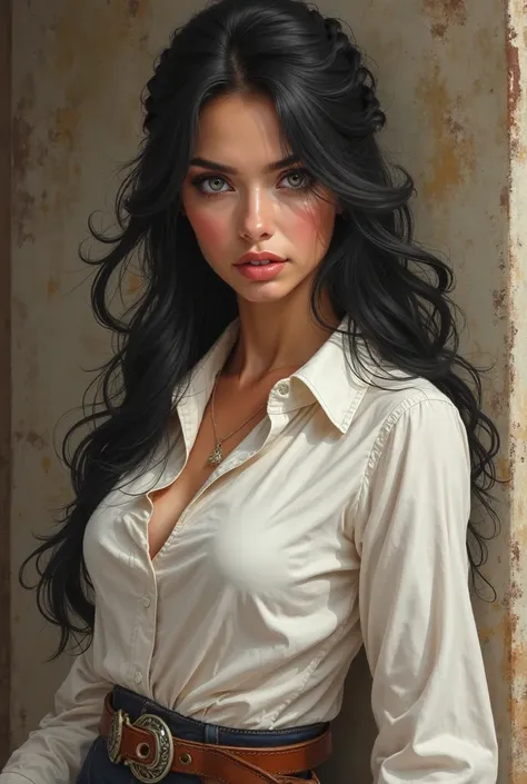 Adult european cowgirl, one braid, black Hair, light eyes, white shirt, light skin, digital art, realism, painting art