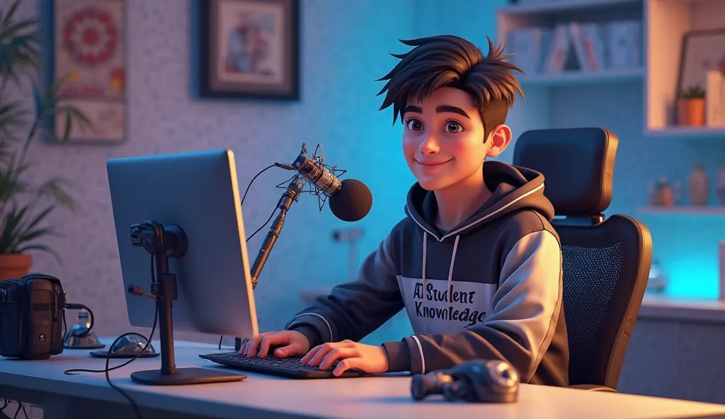 A vibrant and engaging anime-style 17-year-old Indian boy with a smart appearance is sitting behind a modern computer desk. He is wearing a black and light-colored hoodie with the channel name 'AI Student Knowledge' written on it. In front of him on the de...