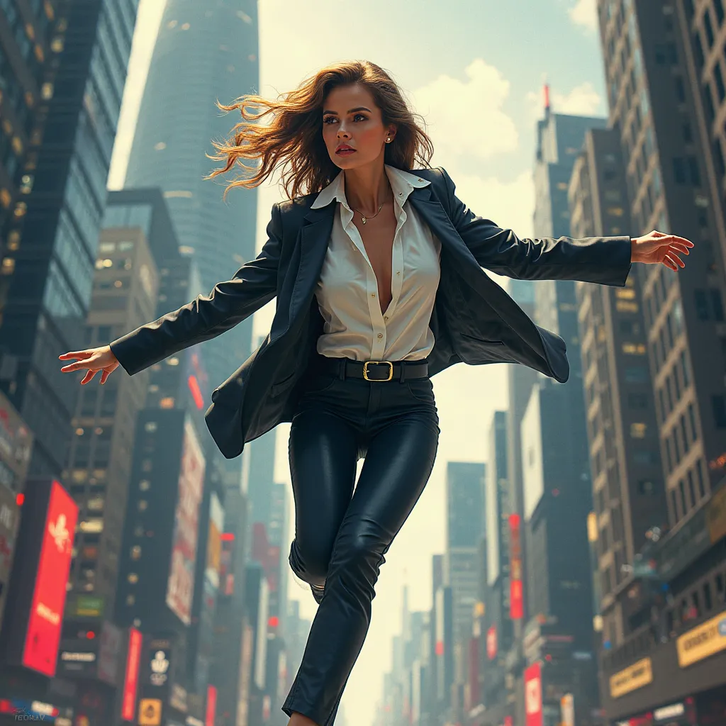 Novel cover art style close up of attractive businesswoman , in suit open jacket unbuttoned suit office formal shirt tucked in skintight pants and black buckle belt is swinging through a cityscape,