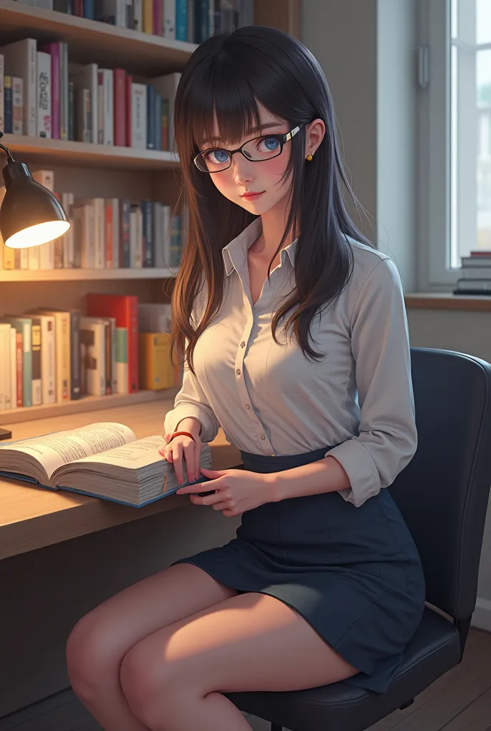 arafed asian woman in a skirt holding a book and a lamp, wearing headmistress uniform, student, sakimichan, attractive pose, an asian woman, casual pose, well lit professional photo, wearing tight shirt, sat at her desk, tight shirt, anime thai girl, young...