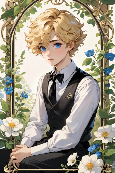  in an elegant atmosphere , and {x} create a vintage boy cartoon-style illustration depicting one young men。 character sit in a standing pose 、the character has a short blonde curly hair, blue eyes 、 classic vest 、 white puff sleeve shirt 、 wears a black r...