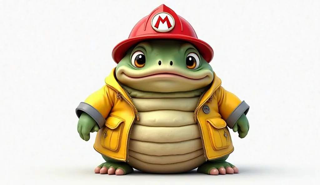 Realistic Jabba Hutt baby wearing a yellow jacket and a red firefighter helmet with a super mario badge. white background