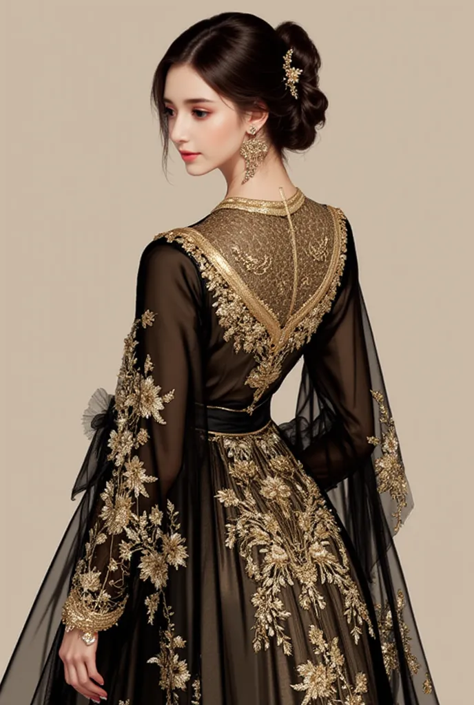 ar311 
.The image depicts a beautifully dressed woman in an elegant, flowing gown. The gown is primarily black with intricate gold embroidery, featuring floral patterns and ornate designs. The fabric appears to be sheer, allowing the gold embroidery to sta...