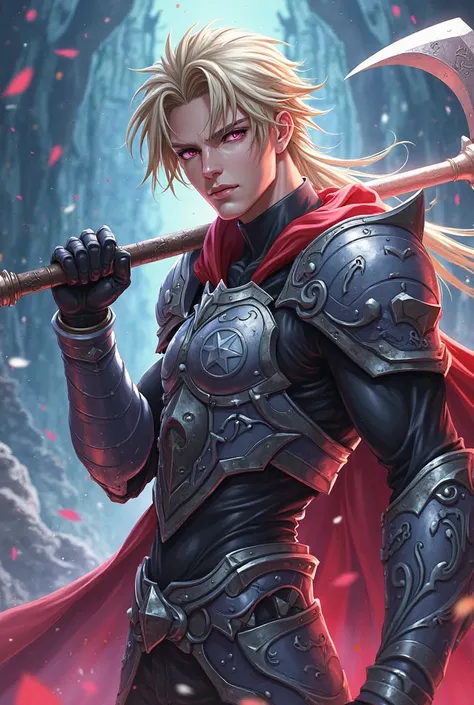 Create a handsome male anime character with blonde hair and pink eyes holding a battle axe