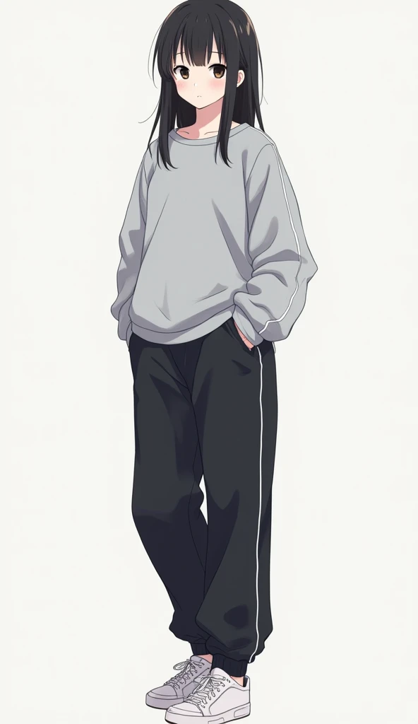 1 girl [appearance= "black hair", " black eyes", "height: 178 cm "] [Clothes= "gray sweatshirt", " Black sports pants", "shoes"] (Full Body Plane) 4K anime illustration,  Precise,  super detailed ,  tall details , high resolution, High quality, high defini...