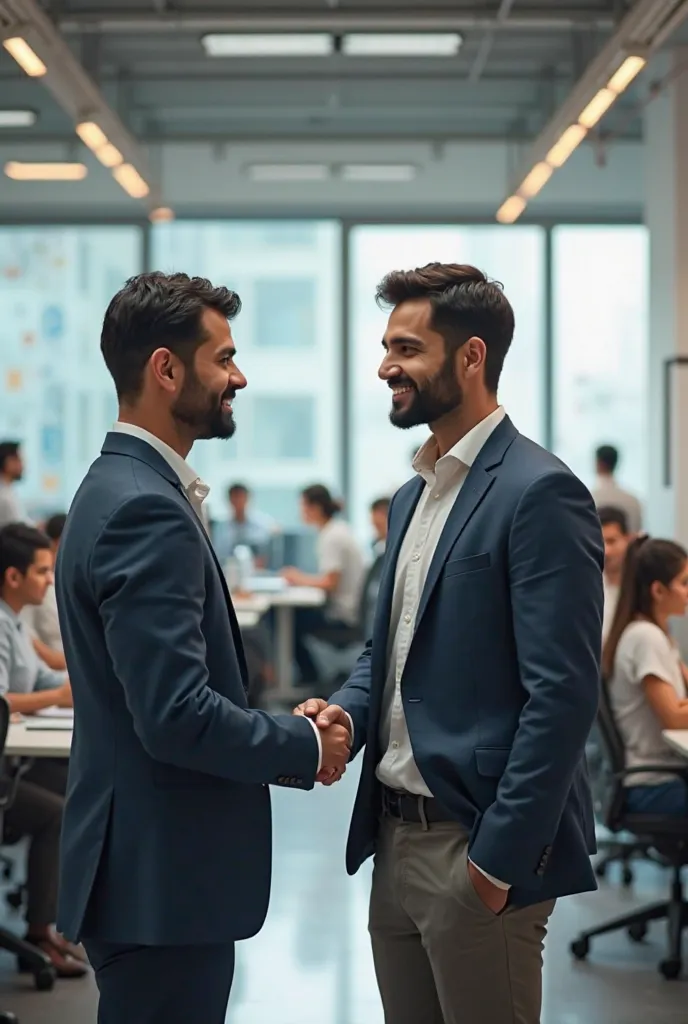 workers in corporate office with simply smile face, manager and client giving shake hands eachother. it is a digital marketing office . an indian office atmosphere and look