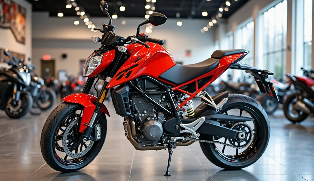 
"A stunning red sleek shiny,KTM 390 Duke 2025  ,displayed in a modern, well-lit showroom. The bike is positioned to show either the back angle view, highlighting its sleek design, glossy finish, and elegant details. The showroom features a polished floor,...