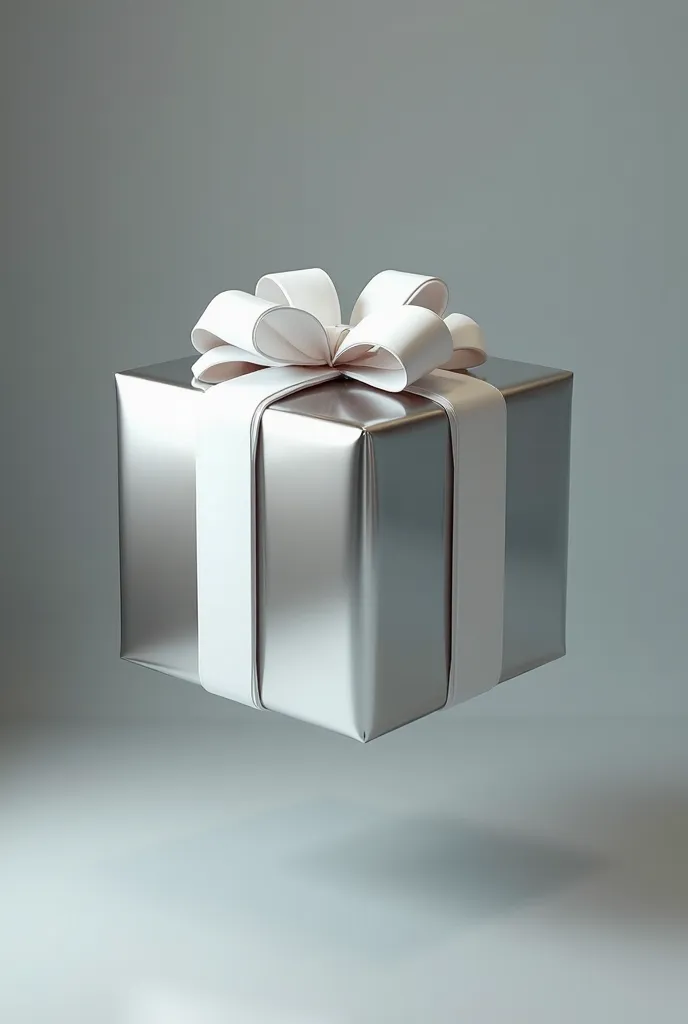 square gift box, silver plated, shiny, white bow, box floating in the air