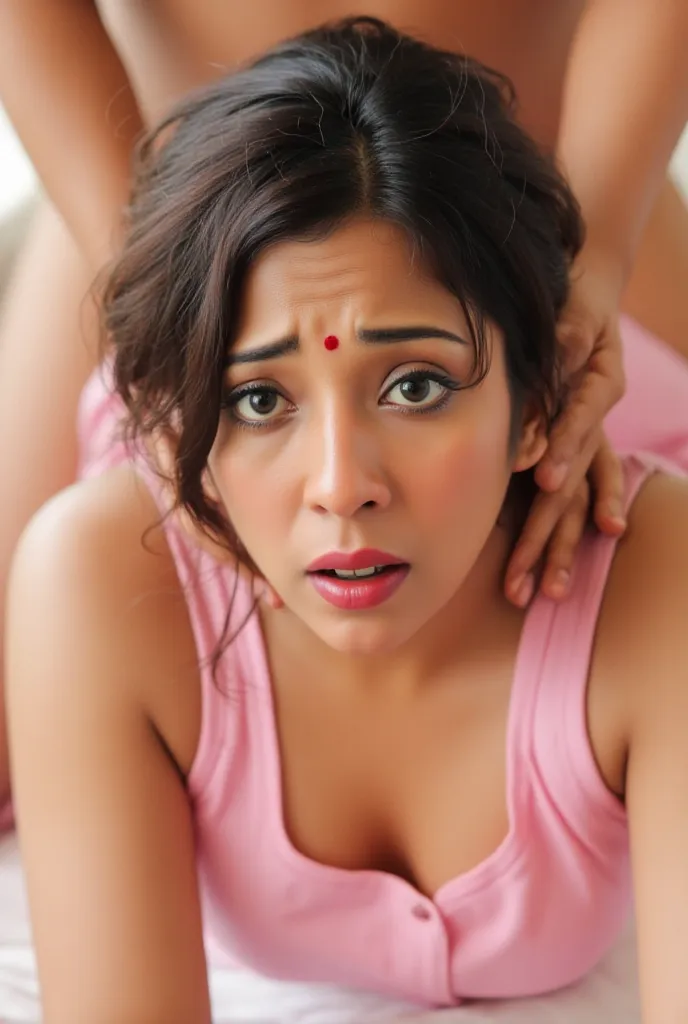 A voluptuous 20 year old matured indian girl with sweaty hairs, she is wearing a pink night dress, wearing a red small bindi between her eyebrow's. aunty has a surprised look in her expression is painful, wide-eyed and mouth agape, aunty is crying tearful ...