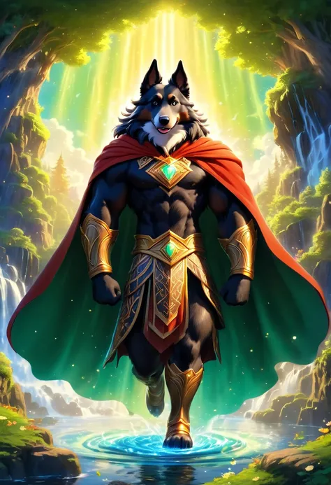 {{A ((mythical and enchanting)) depiction of {((a legendary superdog landing gracefully on an ancient floating island, glowing runes forming under its paws))}}} with {((a flowing cape made of stardust, gentle magical shockwave spreading in soft ripples))}....