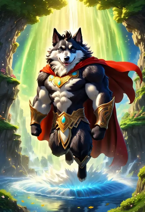 {{A ((mythical and enchanting)) depiction of {((a legendary superdog landing gracefully on an ancient floating island, glowing runes forming under its paws))}}} with {((a flowing cape made of stardust, gentle magical shockwave spreading in soft ripples))}....