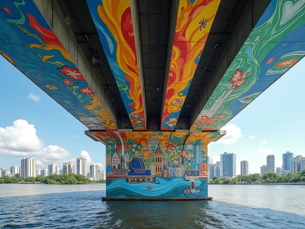 Design a vibrant and captivating mural to decorate the underside of the Saigon River bridge. The mural should reflect the rich culture, history, and modern spirit of Ho Chi Minh City, incorporating elements such as the river, local landmarks, traditional a...