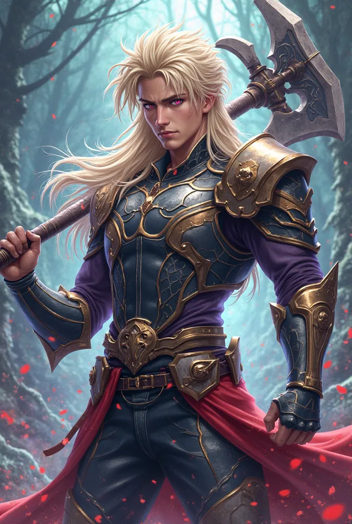 Create a handsome male anime character with blonde hair and pink eyes holding a battle axe