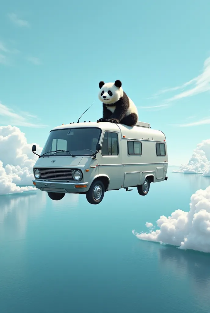 Ultra-realistc,  motorhome flying over the sea with urso panda  on it 