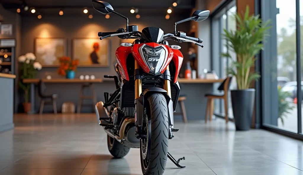 
"A stunning red sleek shiny,KTM 390 Duke 2025  ,displayed in a modern, well-lit showroom. The bike is positioned to show either the front angle view, highlighting its sleek design, glossy finish, and elegant details. The showroom features a polished floor...