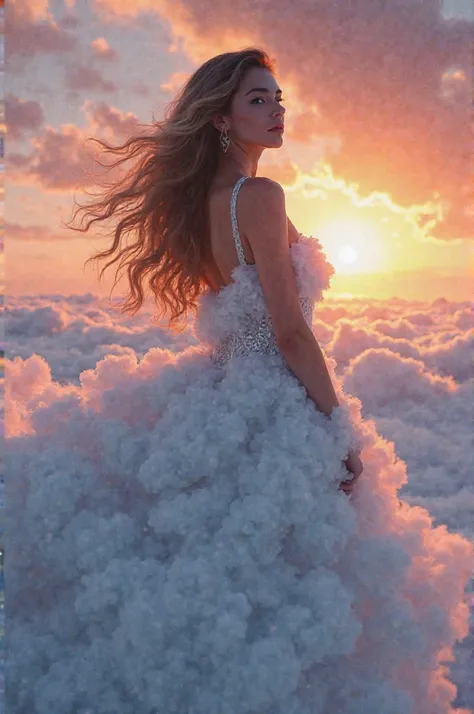 Hyperrealistic image of a beautiful buxom
women, made of fluffy clouds.  She has a long ,  wavy hair , dress that crumble, Like the rays of the sun. Seductive woman wearing a low-cut dress, made of a snowy mountain. blue, white, grey, and black. The woman ...