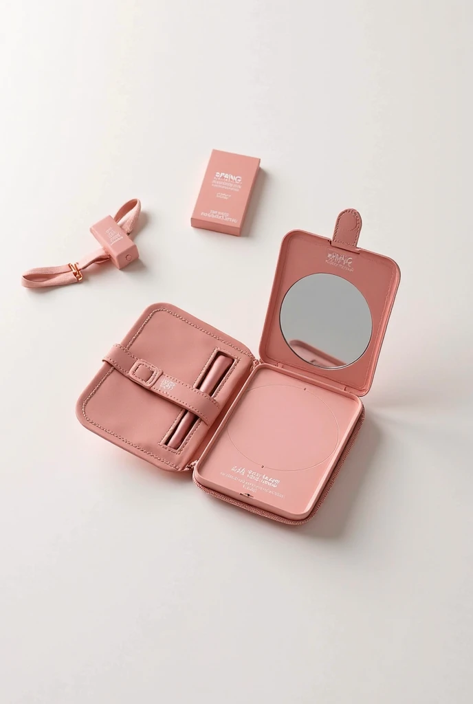 Spring travel series makeup brushes package design with self-mirror folding case
Grayish pink matte cardboard, unfolded with built-in round mirror, slotted brush holder strap, Swiss style grid typography, perforated portable hook on top
Remove background, ...