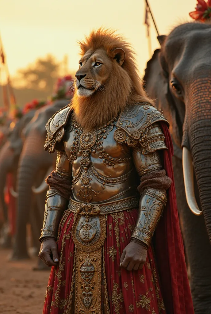 Ancient Sri Lankan King lion , dressed in royal armor, standing beside his war elephant), (majestic, historical, warrior, regal, Sri Lankan culture), Ultra Realistic, National Geographic, (Canon EOS R5), (RF 85mm f/1.2L lens), (f/2.8 aperture), (golden hou...