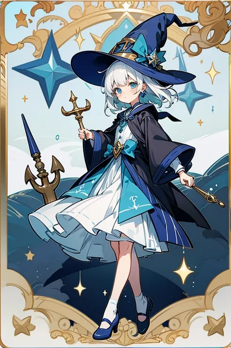  magic ， Witch， magic 少女，Star element 。Blue and white color。Small hat。The kid is white hair。The anchor points are dull hair, earrings on the ears, and small plush on the waist。