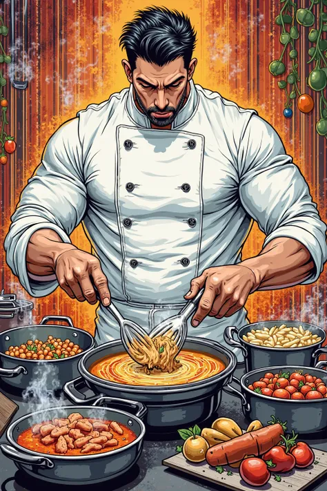 Manga style image ,Damien is a chef , He is preparing a feast 