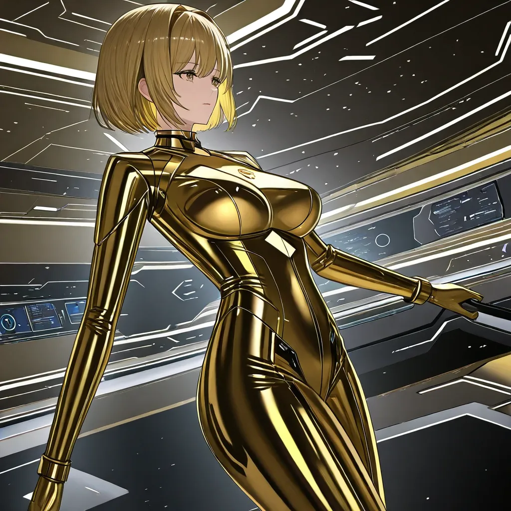  Futuristic Spaceship Interior , 20 years old, female,  beautiful,  cold expression, f, #FFC000's glossy skin, shiny gold-colored short hair, Shiny gold bodysuit, Side view angle