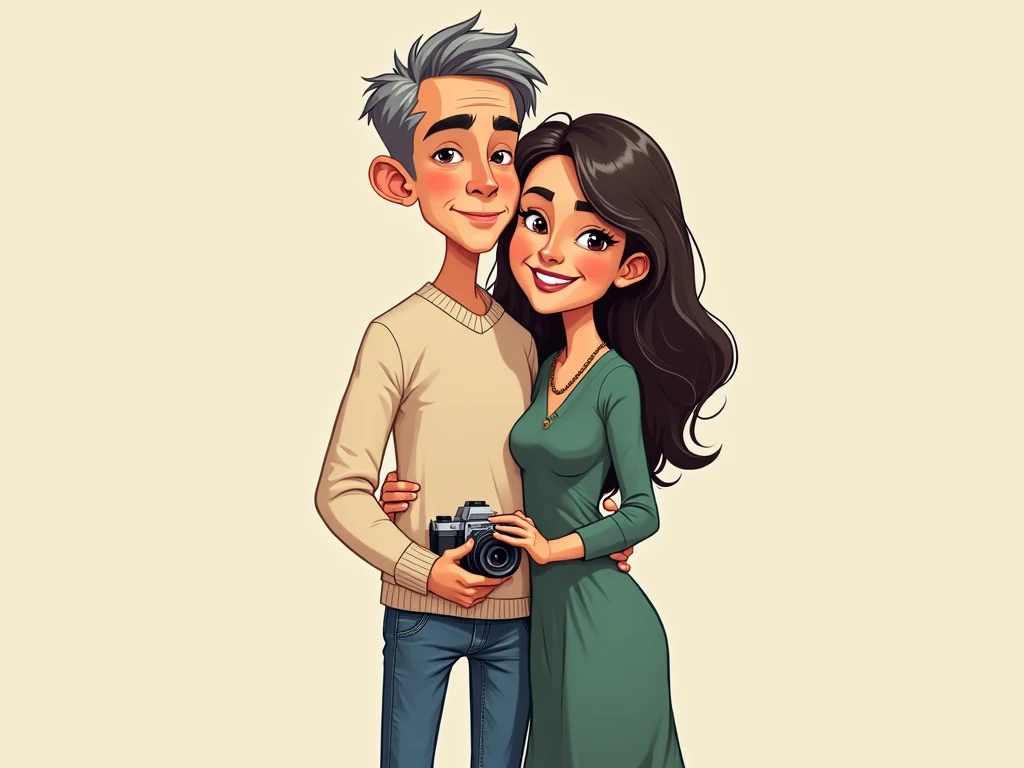  cartoon-style caricature couple guy and girl beautiful tall they stand hugging in their free hands cameras they are photographers skinny guy dressed in jeans and a light beige sweater girl with a beautiful figure in a beautiful green dress. He has a thin,...