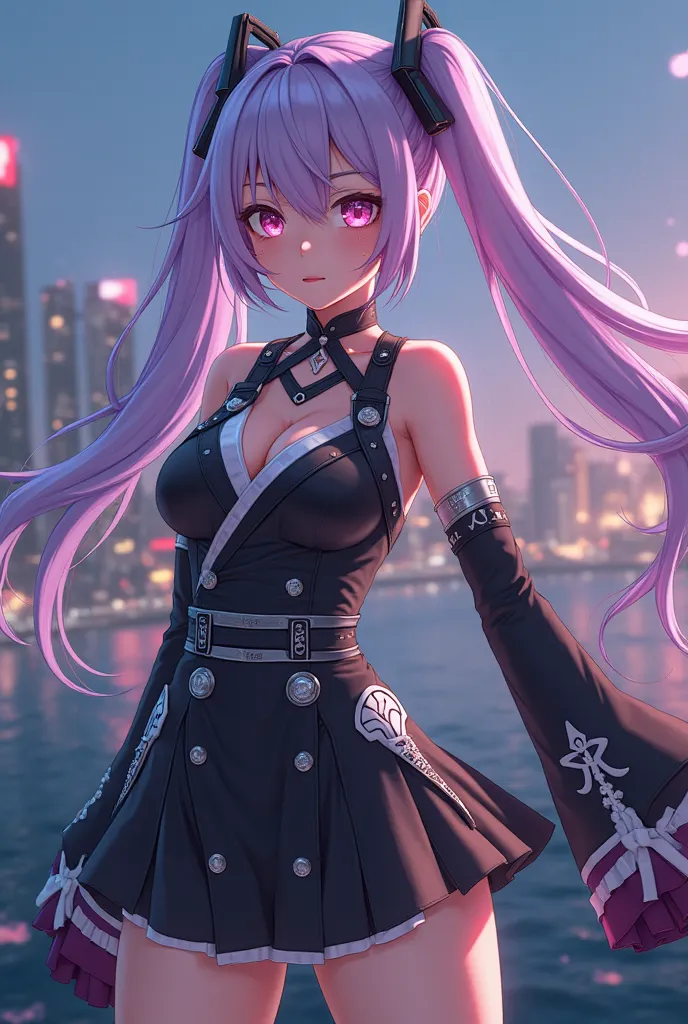 "4K anime style quality, digital drawing mode, a determined and energetic warrior with long lavender twin tails, sharp pink eyes, wearing an exquisite black and white outfit, standing on a rooftop in a harbor with the city lights shining below, full body, ...