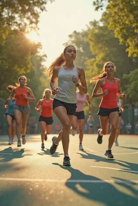 Several people jogging on a court