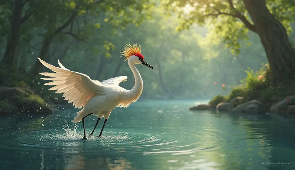 A red-crowned crane is dancing gracefully, and its flowing movements are like ripples on the lake surface, which mesmerizes the audience. The forest dance hall, cartoon animation style, is full of energy, enchanting and charming.